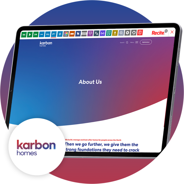 Mock-up of the Recite Me toolbar being used on the Karbon Homes website.