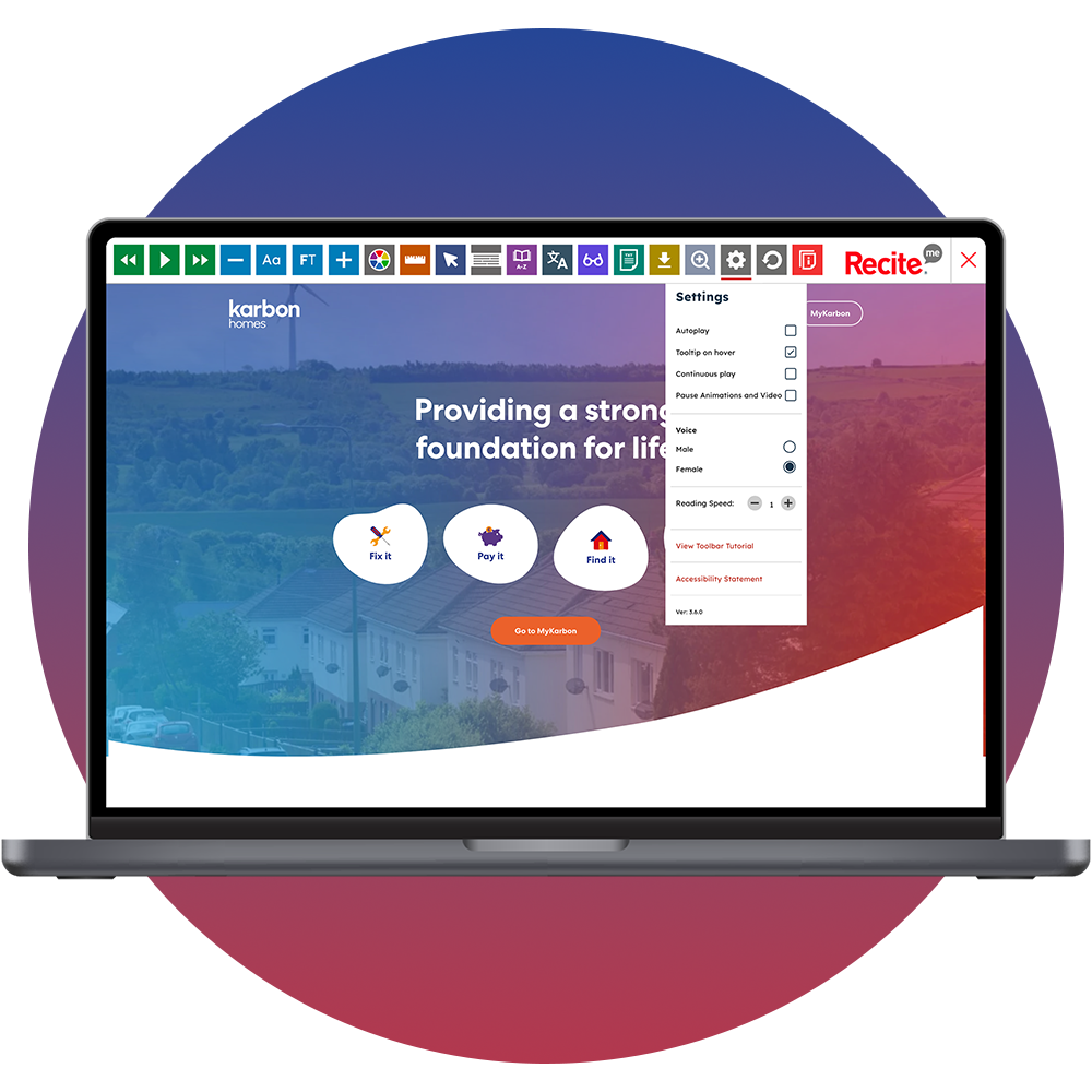 Mock-up of the Recite Me toolbar being used on the Karbon Homes website.