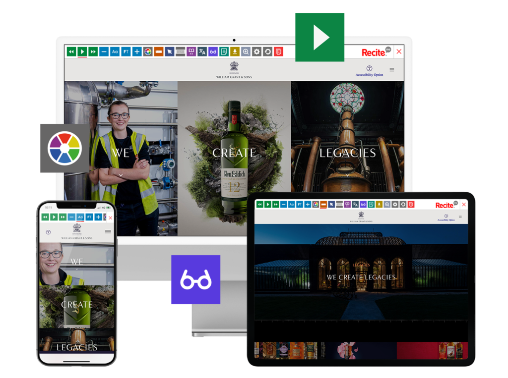 Mock-up of the Recite Me toolbar being used on the Willian Grant & Sons Website