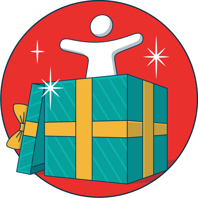 Accessibility icon popping out of a present