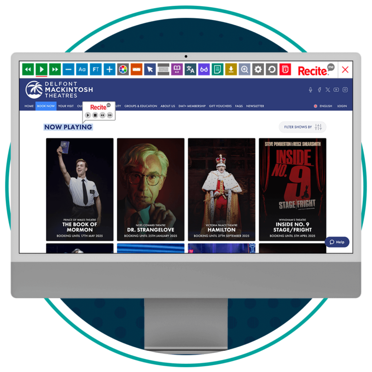 Header shows the Recite Me toolbar being used on the Delfont Mackintosh Theatres website.