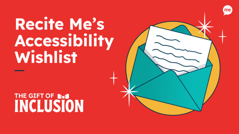 Red background with text that reads Recite Me's Accessibility Wishlist and an illustration of an envelope