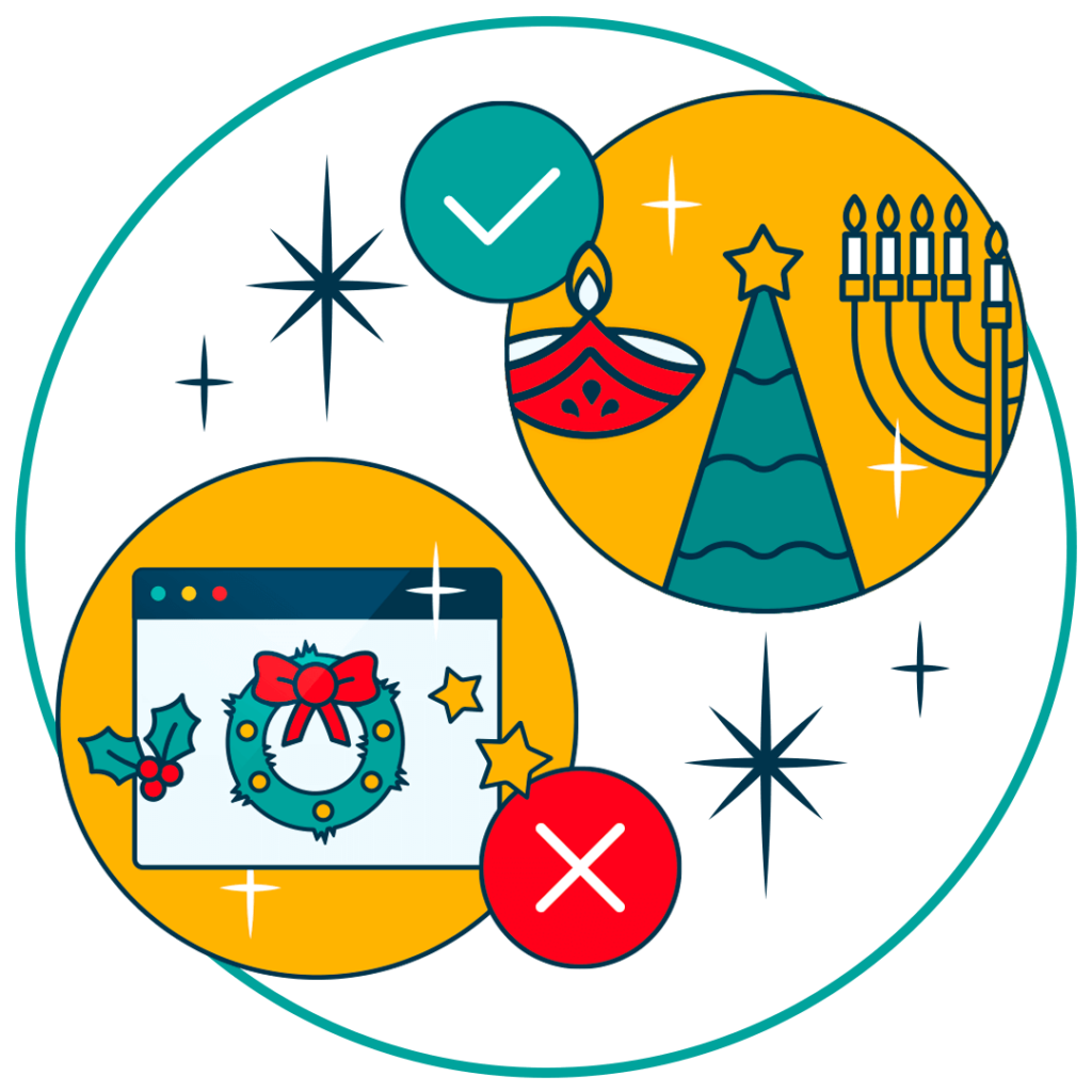 Illustration of festive icons from different cultures including a Hanukkah menorah and a Christmas Tree