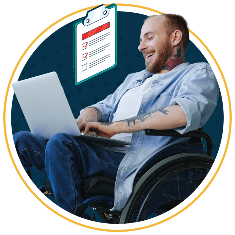 Smiling man in a wheelchair working on a laptop, with an illustrated clipboard showing checkboxes in the background