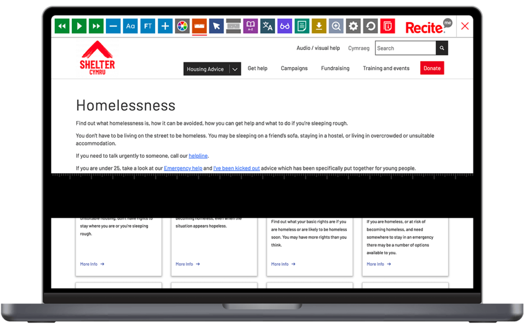 Mock-up of the Recite Me toolbar being used on the Shelter website