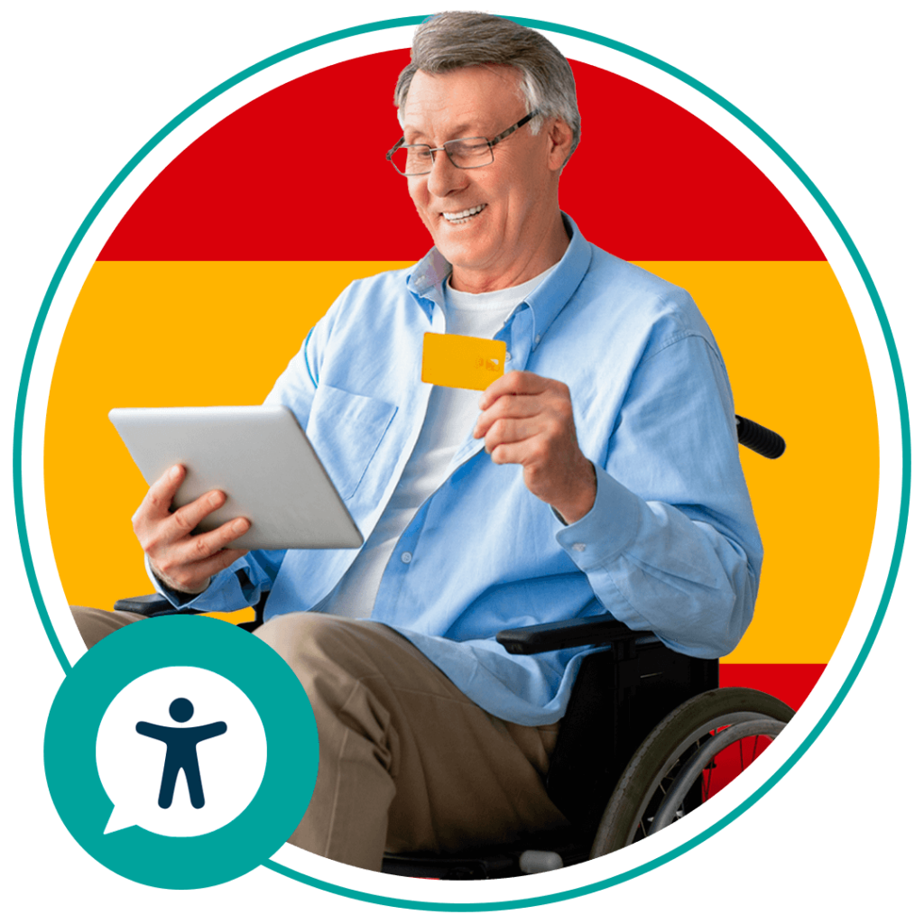 man sitting in wheelchair with spanish flag in background