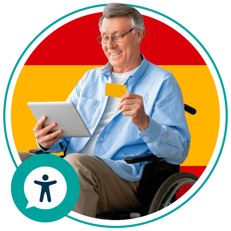 man sitting in wheelchair with spanish flag in background