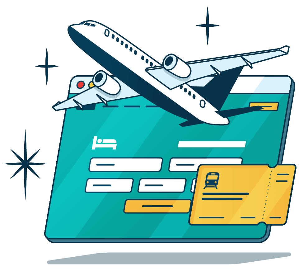 Icon shows travel booking page with an aeroplane flying out of it