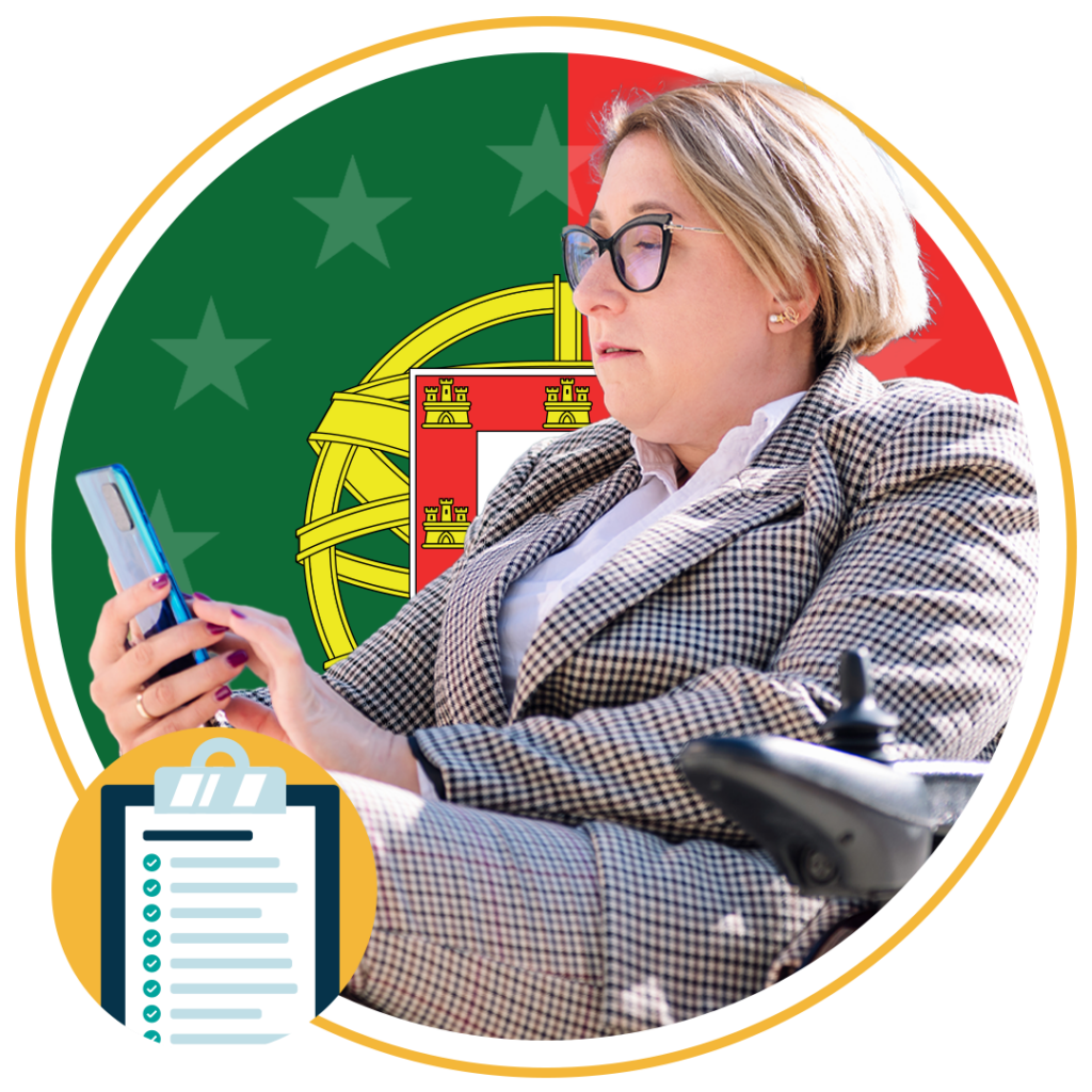 woman using her phone with a Portugal flag in the background