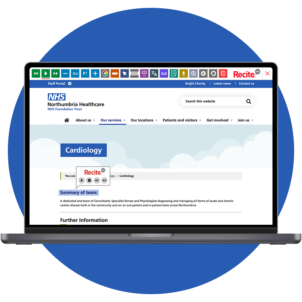 Mock-up of the Recite Me toolbar on the Northumbria Healthcare NHS Foundation Trust website.