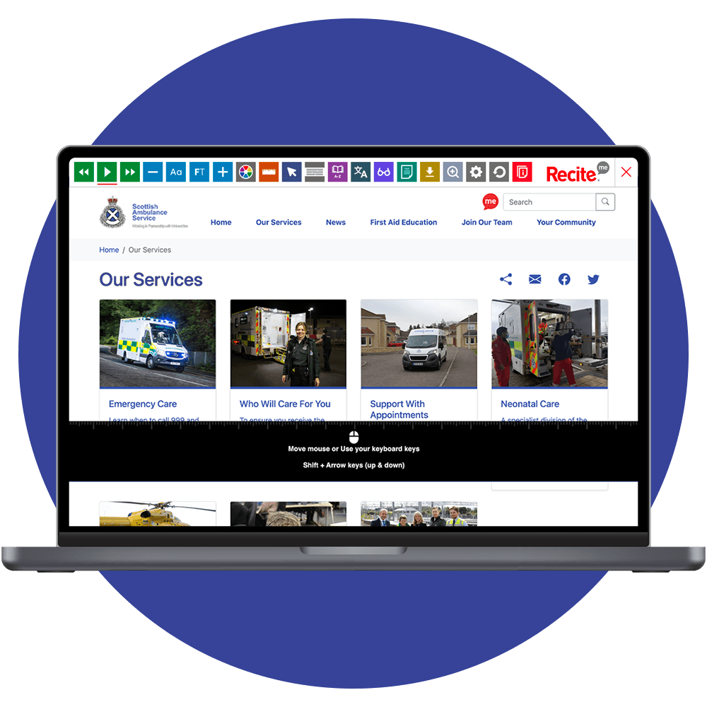 Mock-up of the Recite Me toolbar on the Scottish Ambulance Service website.