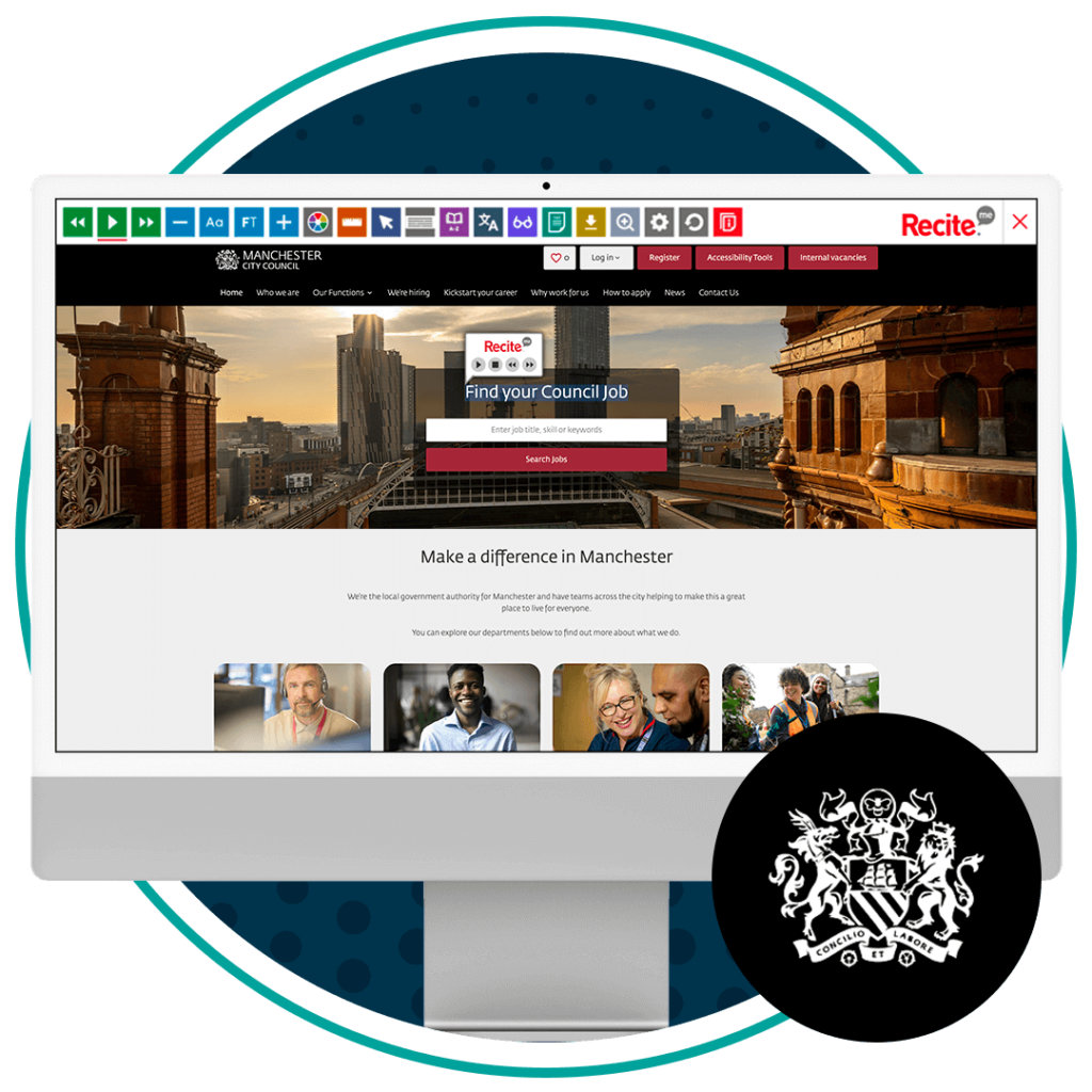 Manchester City Council website with the Recite Me toolbar launched