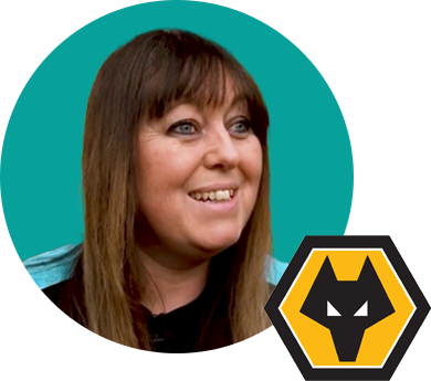 Headshot of Laura smiling into the camera and the Wolverhampton Wanderes logo