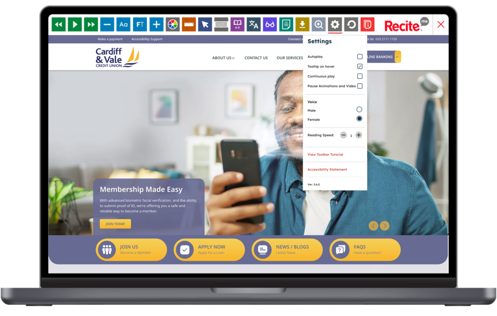 Mock-up of the Recite Me toolbar being used on the Cardiff & Vale Credit Union Website.