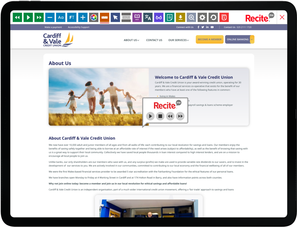 Mock-up of the Recite Me toolbar being used on the Cardiff & Vale Credit Union Website.