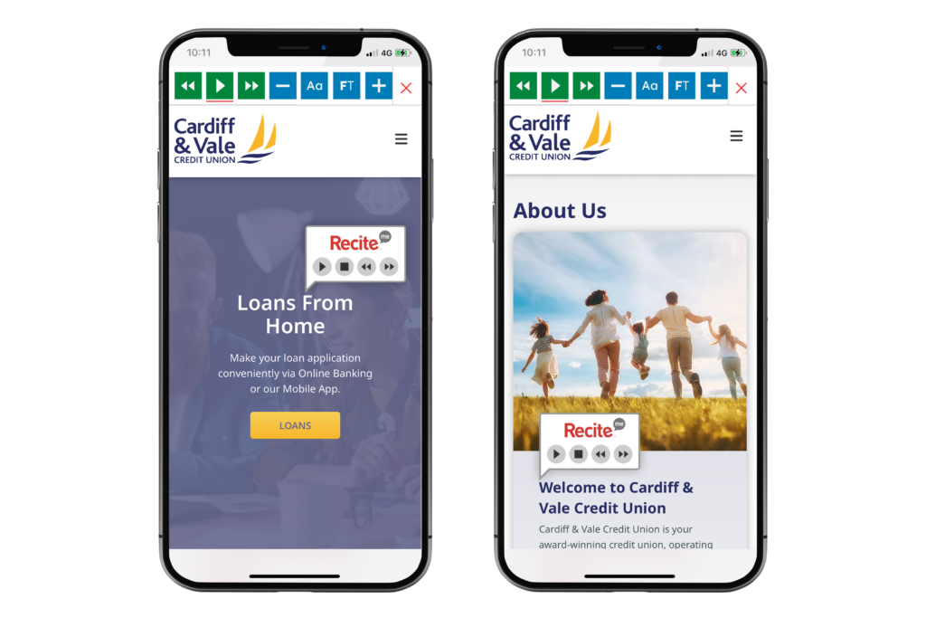 Mock-up of the Recite Me toolbar being used on the Cardiff & Vale Credit Union Website.