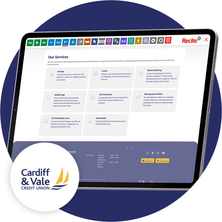 Mock-up of the Recite Me toolbar being used on the Cardiff & Vale Credit Union website.