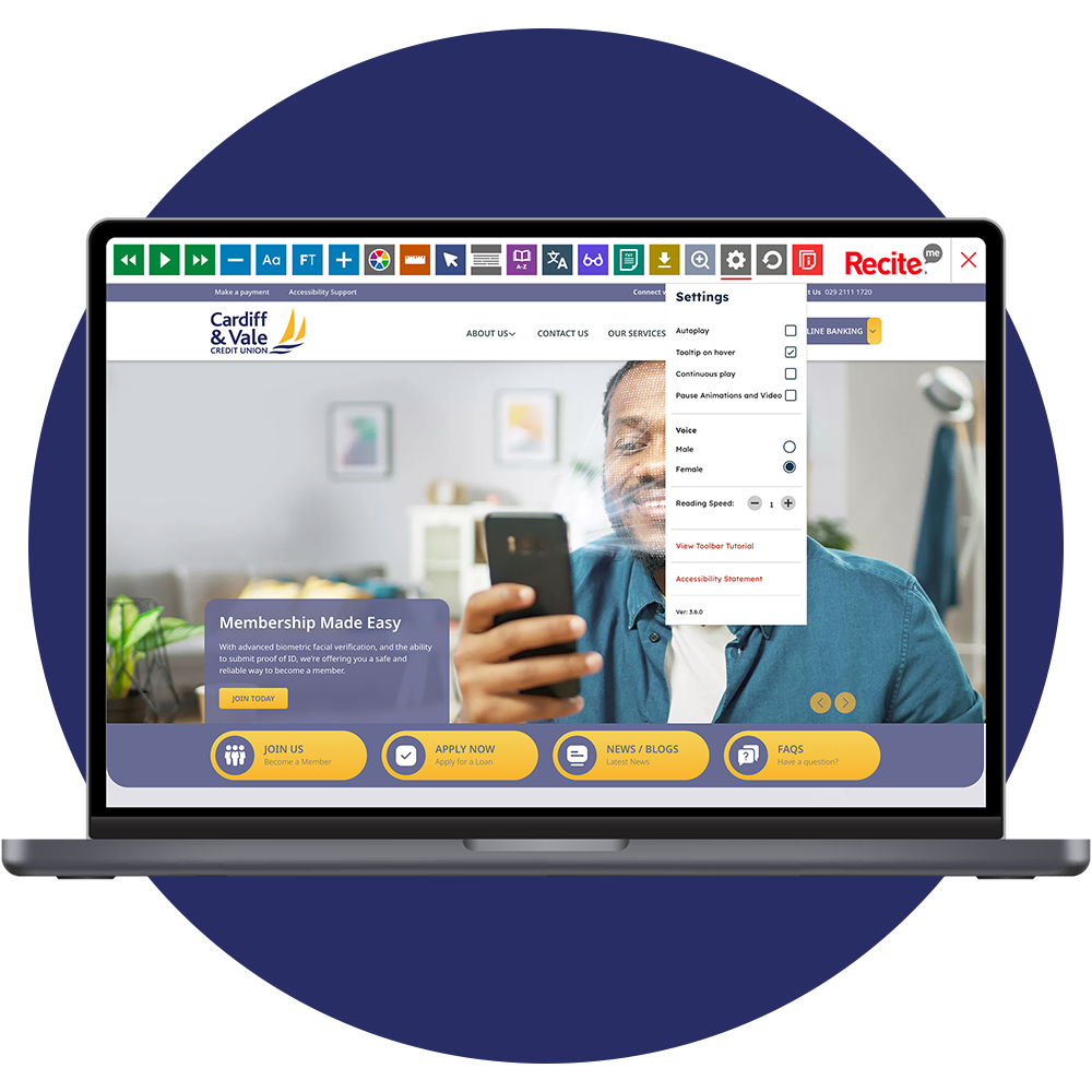 Mock-up of the Recite Me toolbar being used on the Cardiff & Vale Credit Union Website.