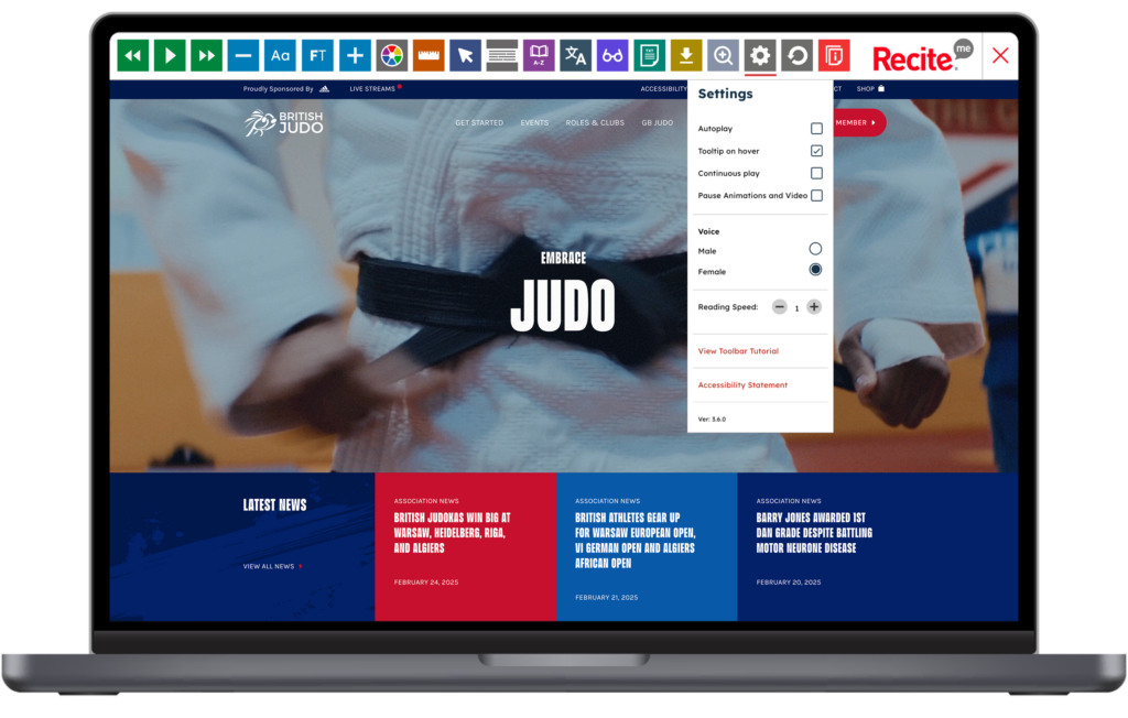 Mock-up of the Recite Me toolbar being used on the British Judo Association website.