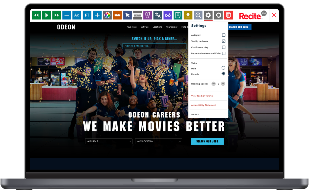 Mock-up of the Recite Me toolbar being used on the ODEON Careers website.