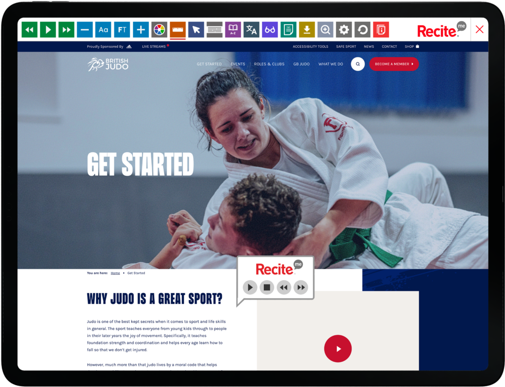 Mock-up of the Recite Me toolbar being used on the British Judo Association website.