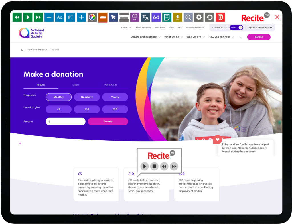 Mock-up of Recite Me being used on the National Autistic Society website.