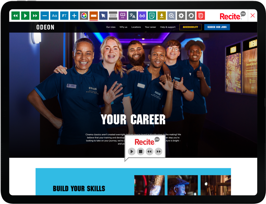 Mock-up of the Recite Me toolbar being used on the ODEON Careers website.