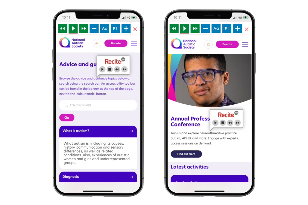 Mock-up of Recite Me being used on the National Autistic Society website.