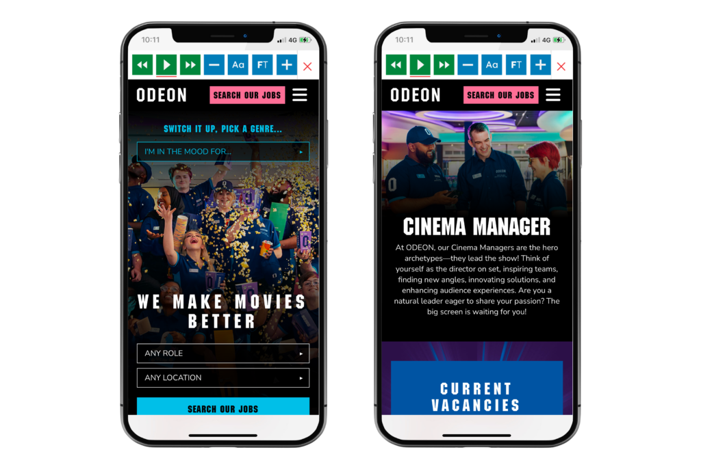 Mock-up of the Recite Me toolbar being used on the ODEON Careers website.