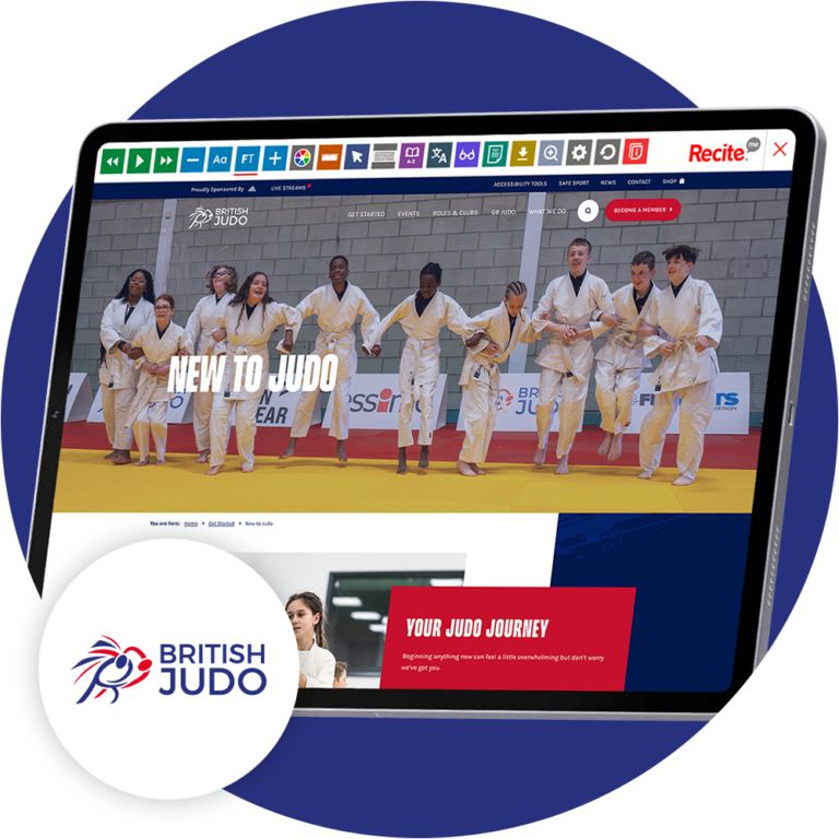 Mock-up of the Recite Me toolbar being used on the British Judo website.