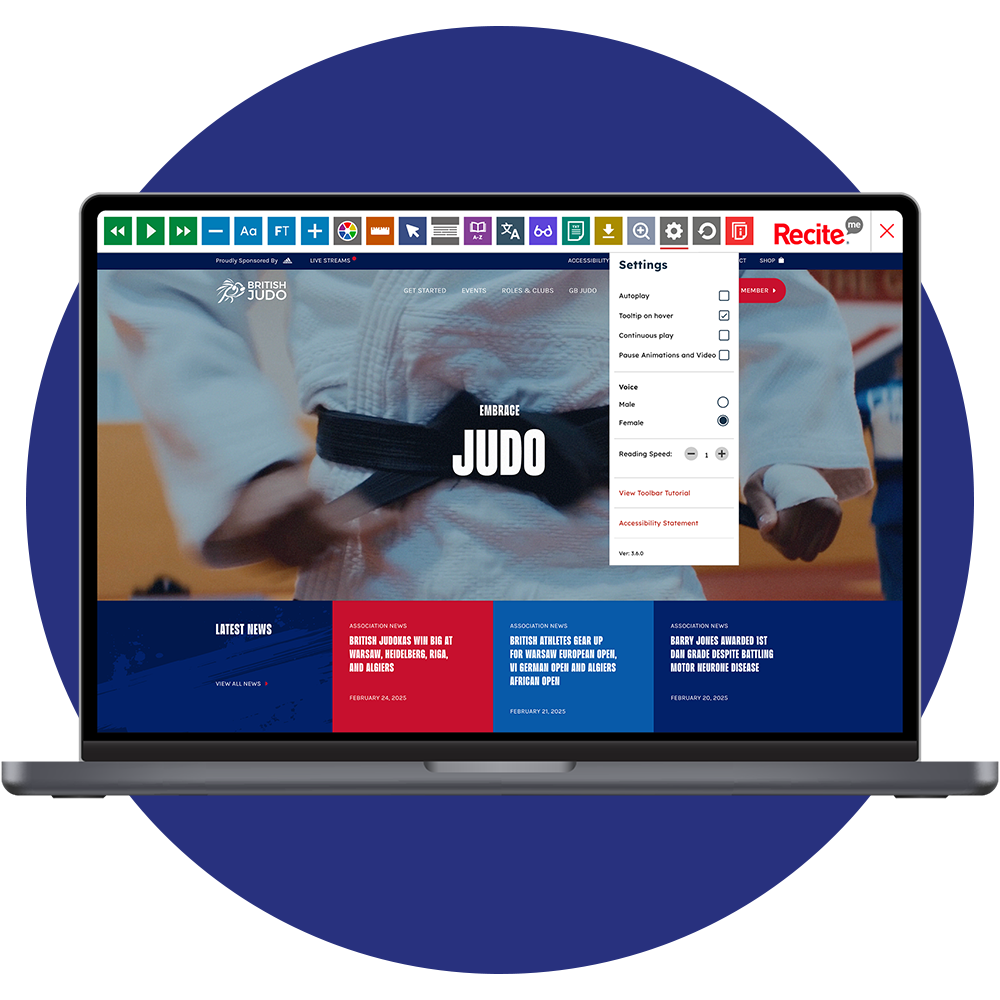 Mock-up of the Recite Me toolbar being used on the British Judo Association website.