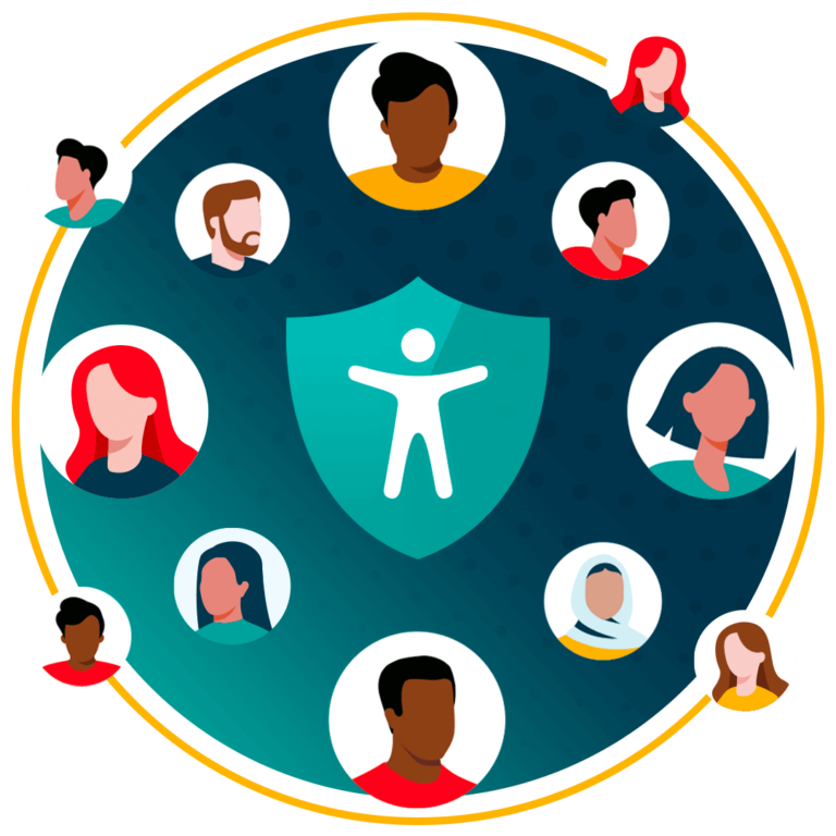 Illustration of a shield with an accessibility symbol in the center, surrounded by diverse avatar-style portraits of people.