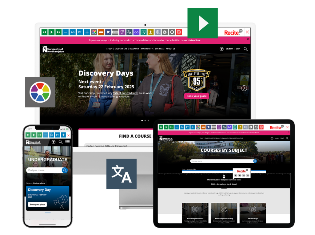 Mock-up of the Recite Me toolbar being used on the Northampton University website.