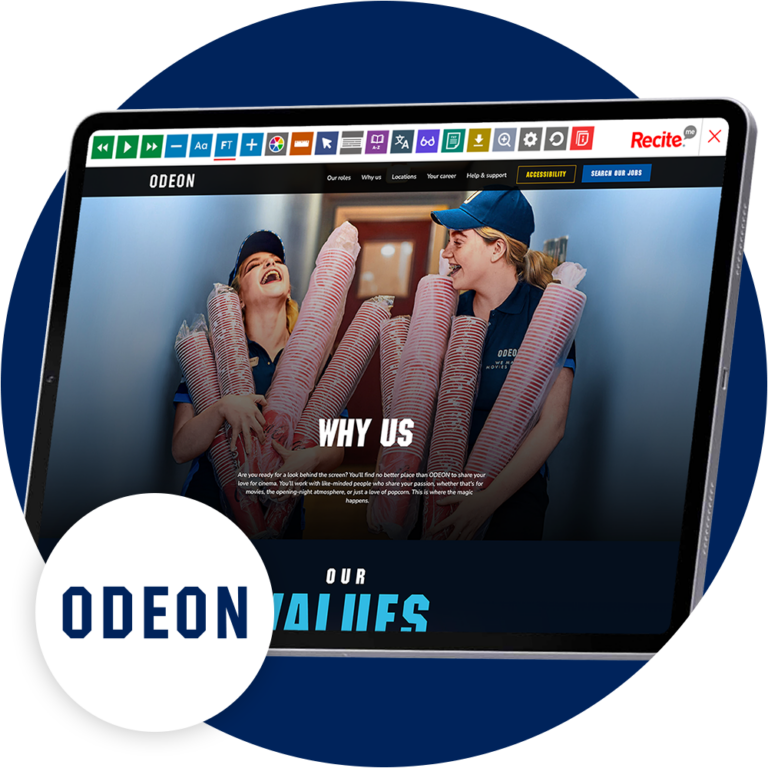 Mock-up of the Recite Me toolbar being used on the ODEON careers website.