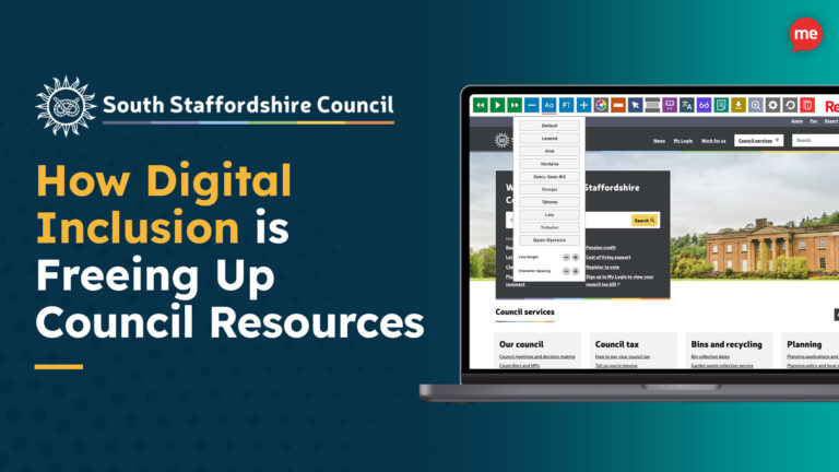 A digital graphic featuring the South Staffordshire Council logo and the headline "How Digital Inclusion is Freeing Up Council Resources" in bold yellow and white text. On the right side, a laptop screen displays the South Staffordshire Council website with the Recite Me accessibility toolbar open