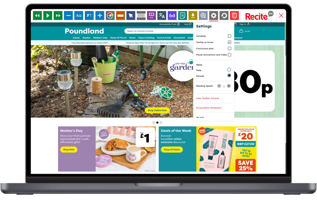 Mock-up of the Recite Me toolbar being used on the Poundland retail website.