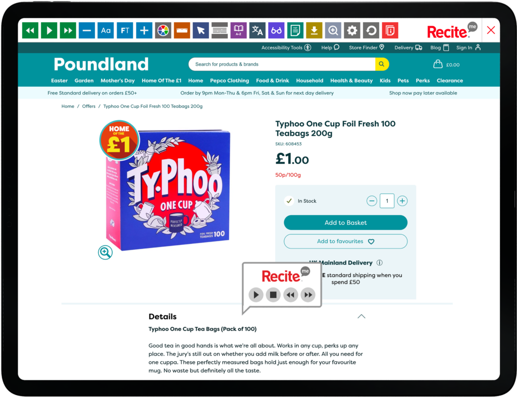 Mock-up of the Recite Me toolbar being used on the Poundland retail website.