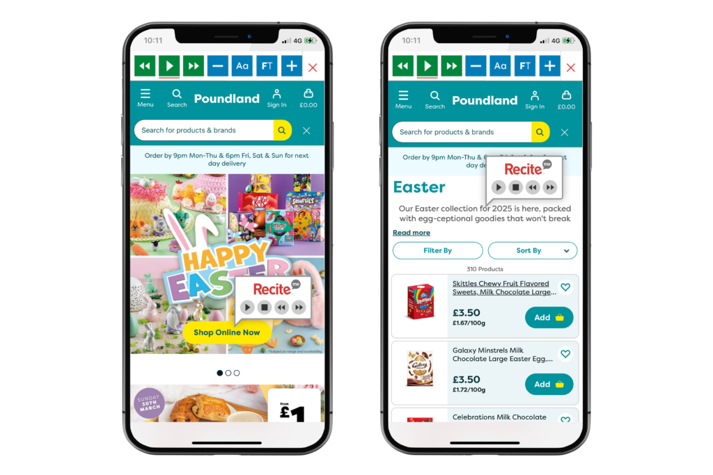 Mock-up of the Recite Me toolbar being used on the Poundland retail website.