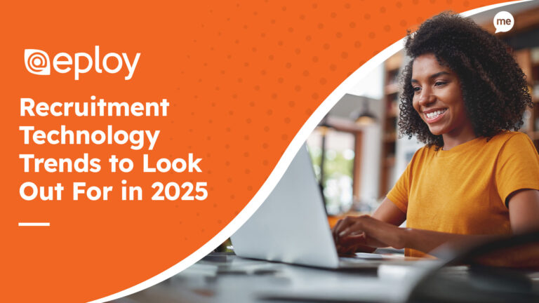 A smiling woman wearing an orange t-shirt types on a laptop in a bright, modern workspace. The image features an orange overlay with the Eploy logo and the text 'Recruitment Technology Trends to Look Out For in 2025