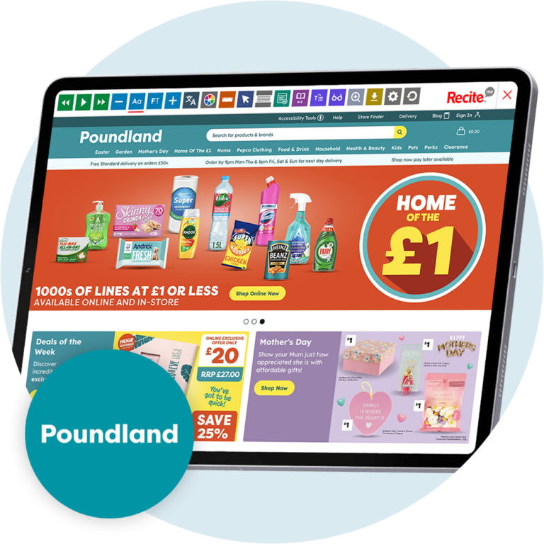 Mock-up of the Recite Me toolbar being used on the Poundland Retail website.