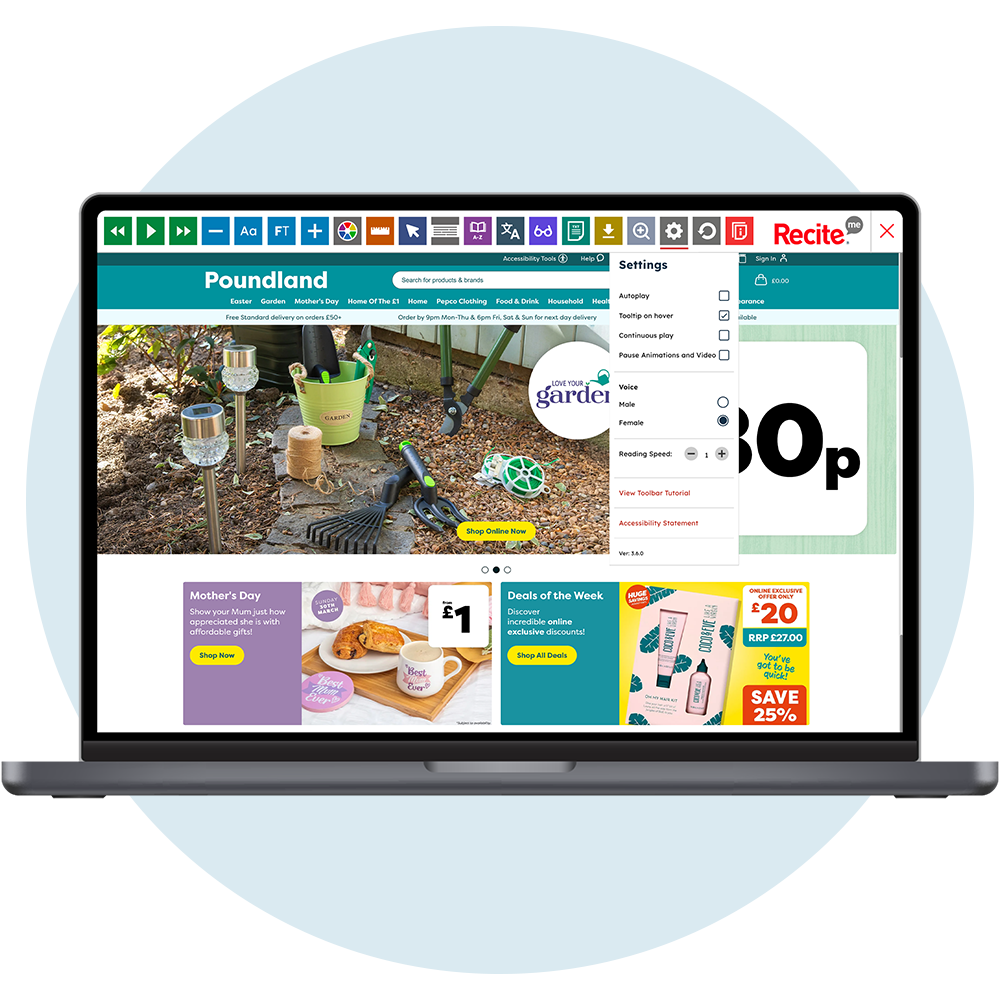 Mock-up of the Recite Me toolbar being used on the Poundland Retail website.