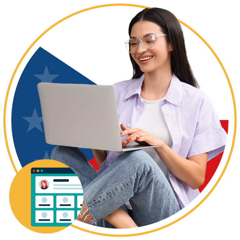 girl sitting on laptop working with Czech Republic flag in background