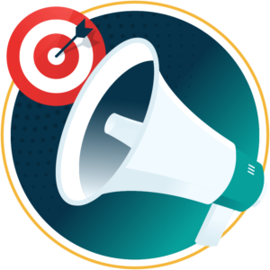 Illustration of a megaphone, angled slightly to the right, with a red and white target symbol in the background featuring an arrow hitting the centre.
