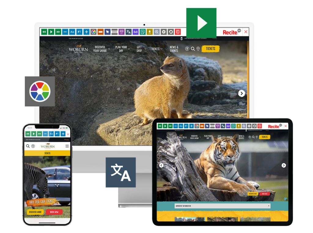 Mock-up of the Recite Me toolbar being used on the Woburn Safari Park Website