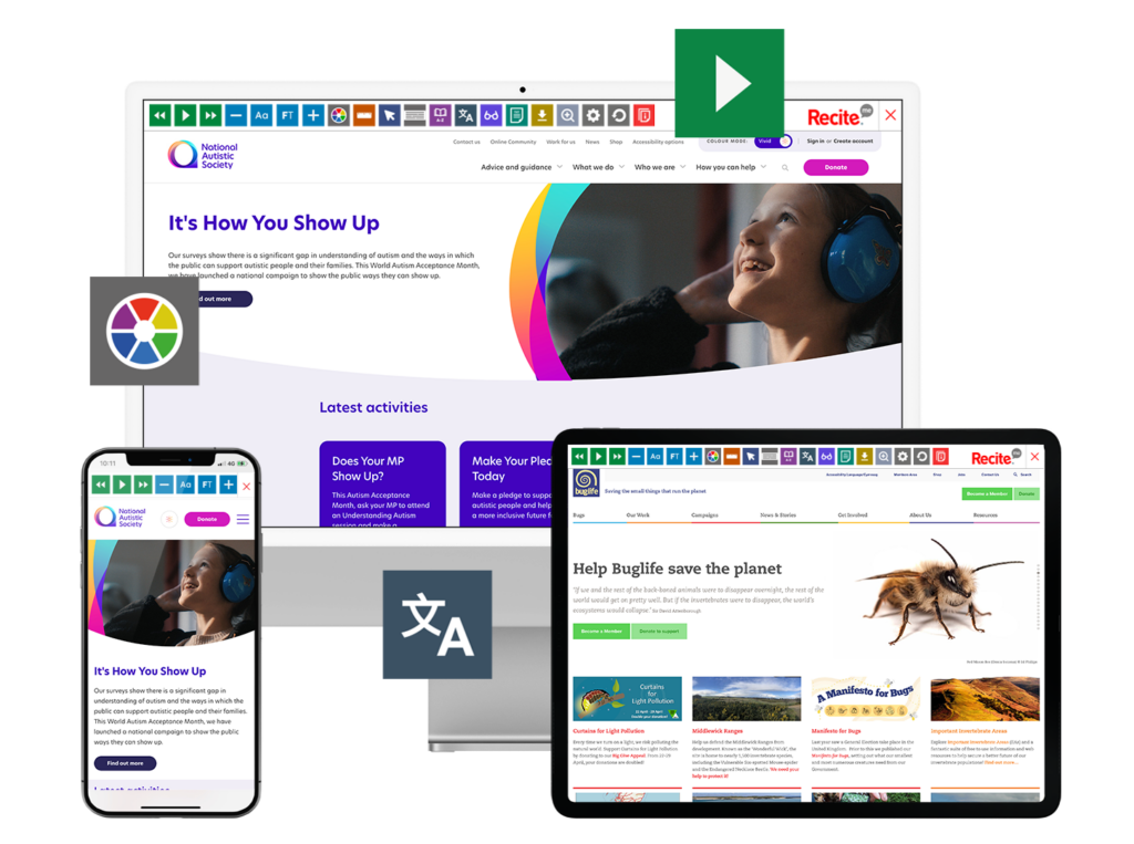 Mock-up of the Recite Me Toolbar being used on the National Autistic Society and BugLife website.