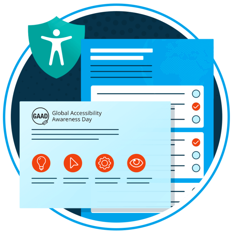 Illustration representing Global Accessibility Awareness Day (GAAD), featuring a document with the GAAD logo, icons for ideas, video, settings, and visibility, and a checklist in the background. A green accessibility shield symbol is also present.