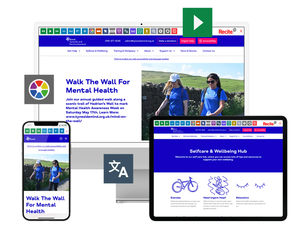 Mock-up of the Recite Me toolbar being used on the Tyneside and Northumberland Mind website.