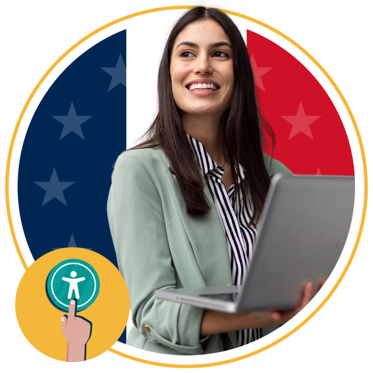 woman using laptop with french flag in background
