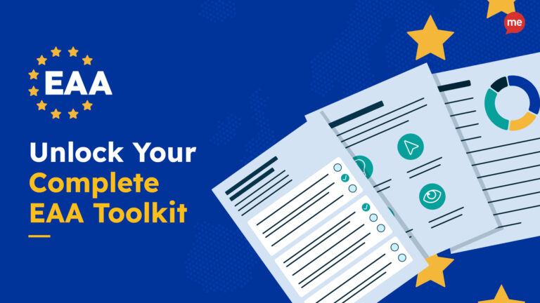 Graphic with the headline "Unlock Your Complete EAA Toolkit" featuring the acronym "EAA" surrounded by yellow stars in a circle, resembling the EU flag. To the right, illustrated documents display charts, checklists, and icons representing navigation and accessibility. The background is blue with a subtle map of Europe and scattered yellow stars.
