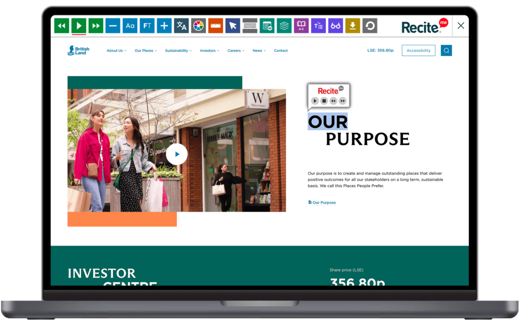 Mock-up of the Recite Me Toolbar being used on the British Land website.